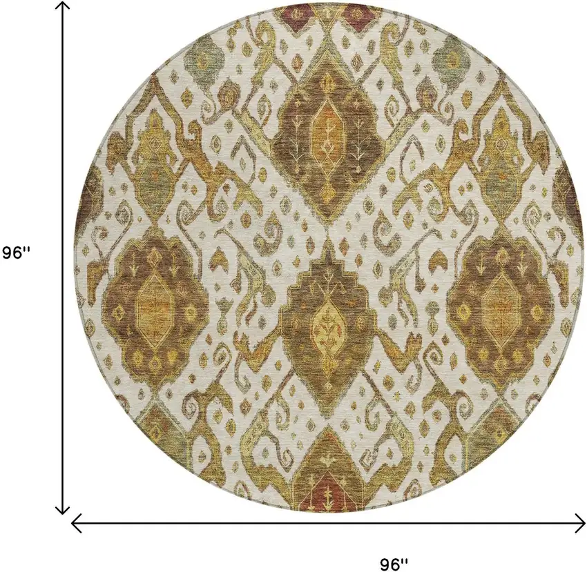 8' Ivory Brown And Gold Round Ikat Washable Indoor Outdoor Area Rug Photo 3