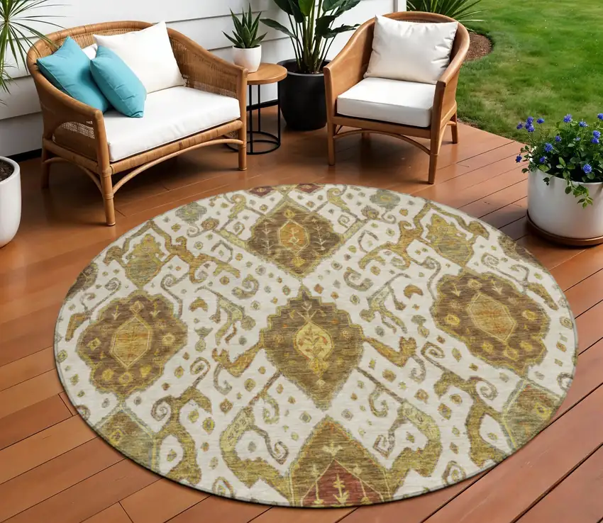 8' Ivory Brown And Gold Round Ikat Washable Indoor Outdoor Area Rug Photo 1