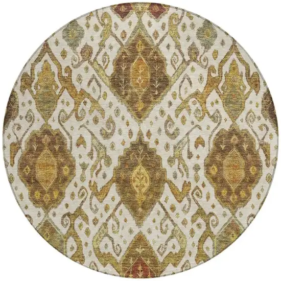 8' Ivory Brown And Gold Round Ikat Washable Indoor Outdoor Area Rug Photo 4