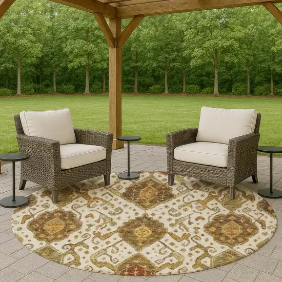8' Ivory Brown And Gold Round Ikat Washable Indoor Outdoor Area Rug Photo 8