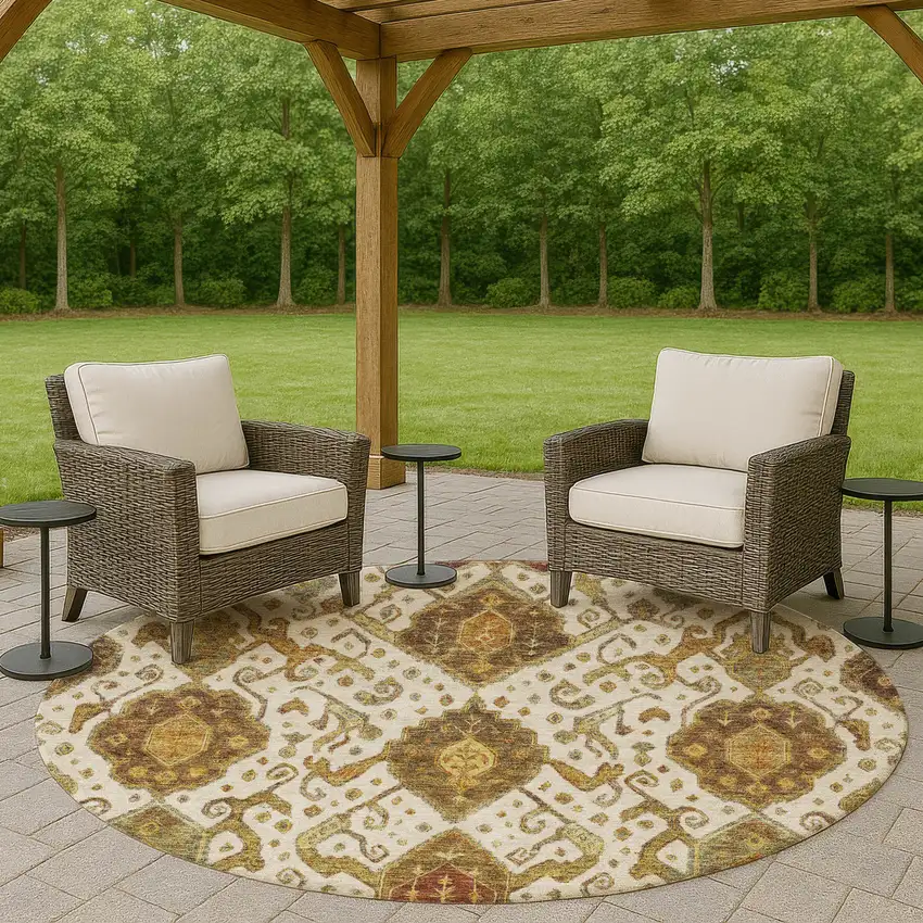 8' Ivory Brown And Gold Round Ikat Washable Indoor Outdoor Area Rug Photo 8