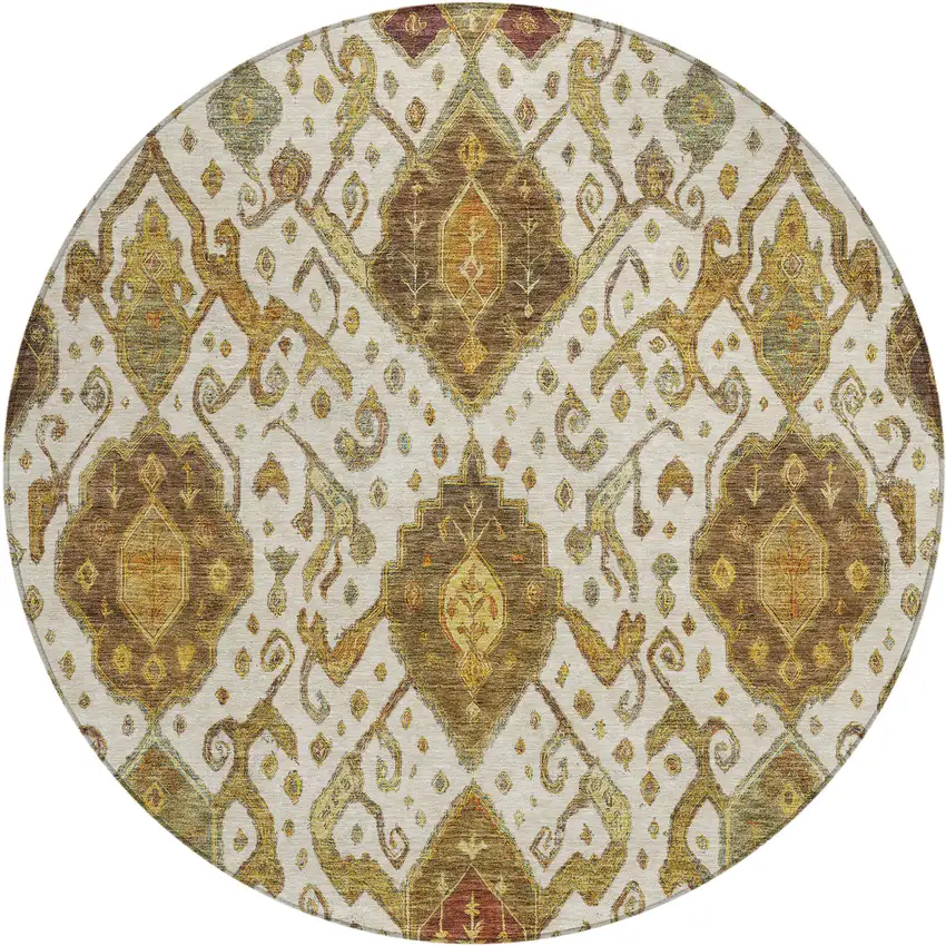 8' Ivory Brown And Gold Round Ikat Washable Indoor Outdoor Area Rug Photo 2