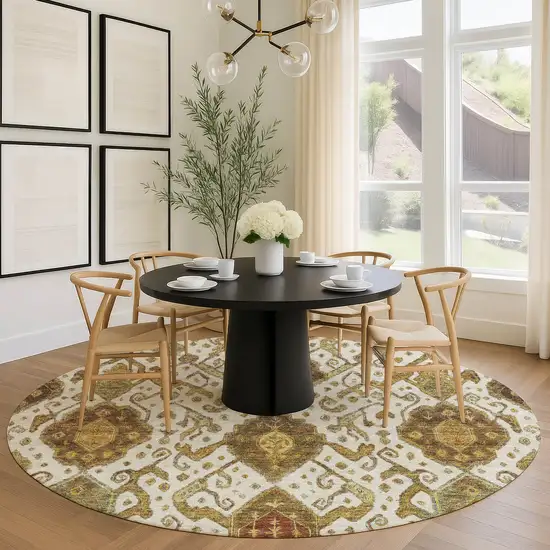 8' Ivory Brown And Gold Round Ikat Washable Indoor Outdoor Area Rug Photo 9
