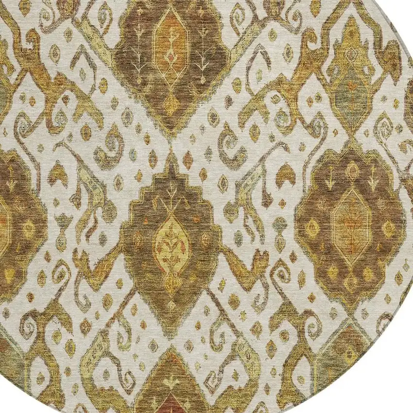 8' Ivory Brown And Gold Round Ikat Washable Indoor Outdoor Area Rug Photo 7