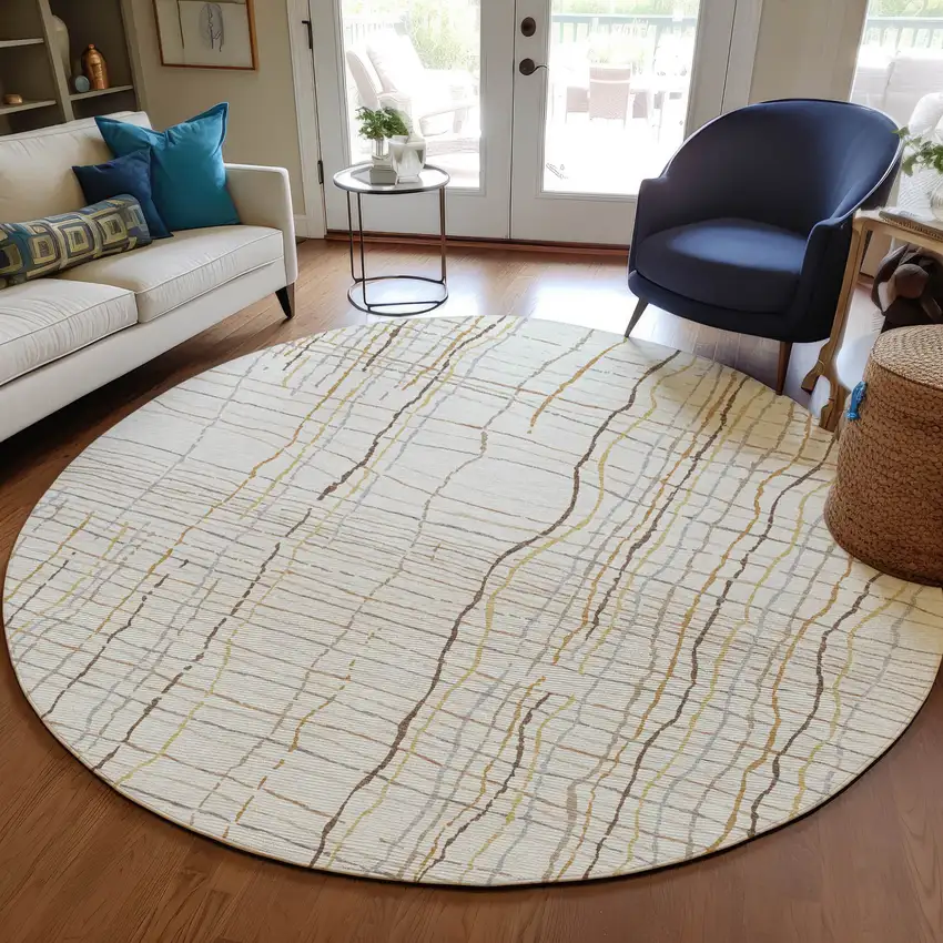 8' Ivory Brown And Gold Round Striped Washable Indoor Outdoor Area Rug Photo 7