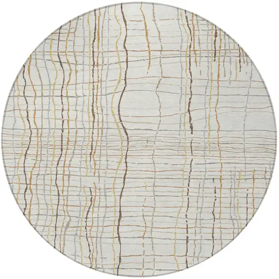 8' Ivory Brown And Gold Round Striped Washable Indoor Outdoor Area Rug Photo 5