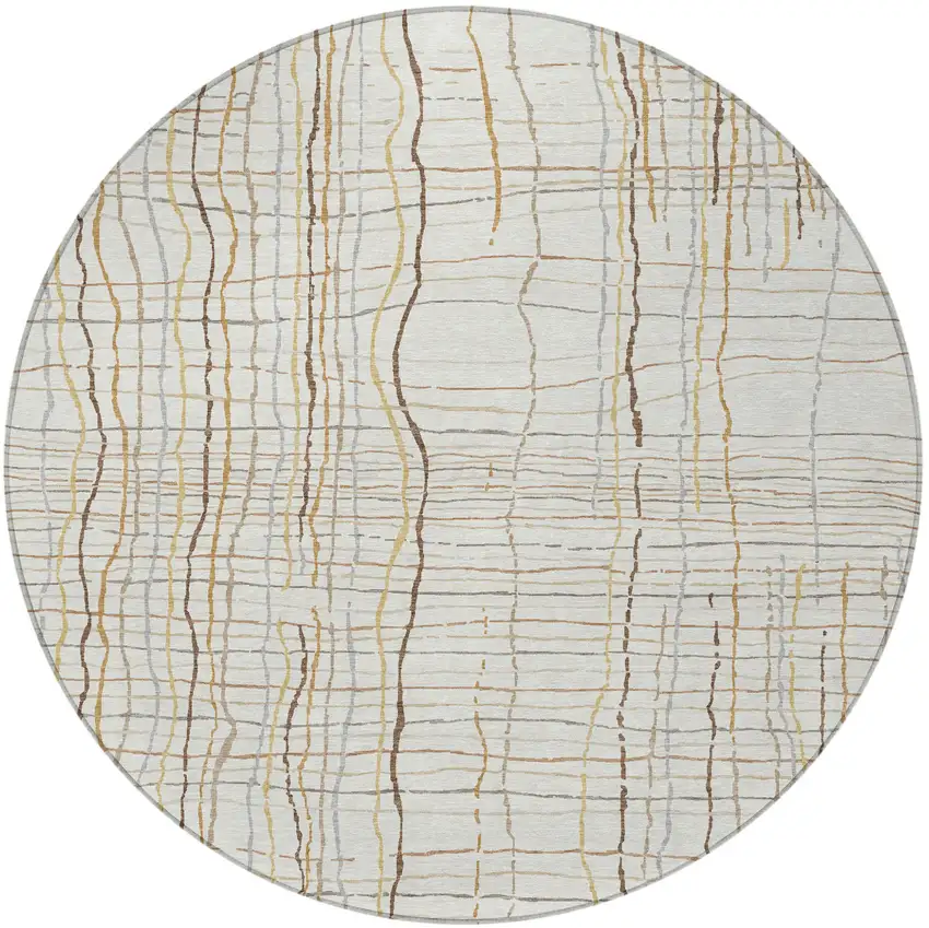 8' Ivory Brown And Gold Round Striped Washable Indoor Outdoor Area Rug Photo 5