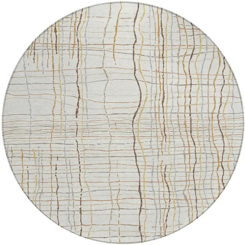 8' Ivory Brown And Gold Round Striped Washable Indoor Outdoor Area Rug Photo 2