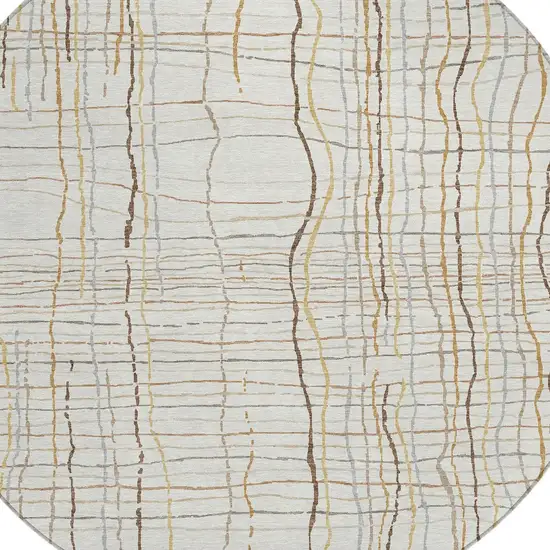 8' Ivory Brown And Gold Round Striped Washable Indoor Outdoor Area Rug Photo 4