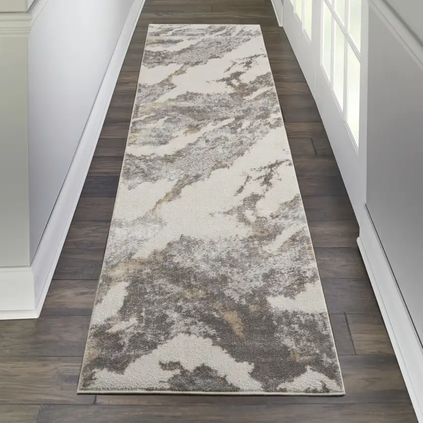 8' Ivory Brown And Gray Abstract Non Skid Runner Rug Photo 5