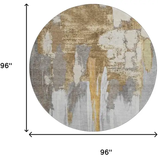8' Ivory Brown And Gray Abstract Washable Round Rug With UV Protection Photo 9