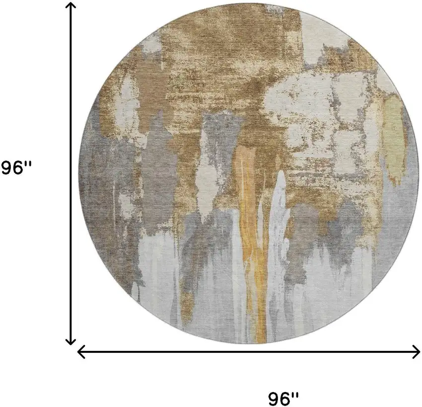 8' Ivory Brown And Gray Abstract Washable Round Rug With UV Protection Photo 9