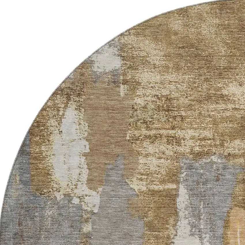 8' Ivory Brown And Gray Abstract Washable Round Rug With UV Protection Photo 4
