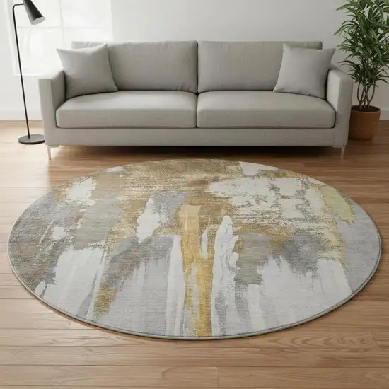 8' Ivory Brown And Gray Abstract Washable Round Rug With UV Protection Photo 2