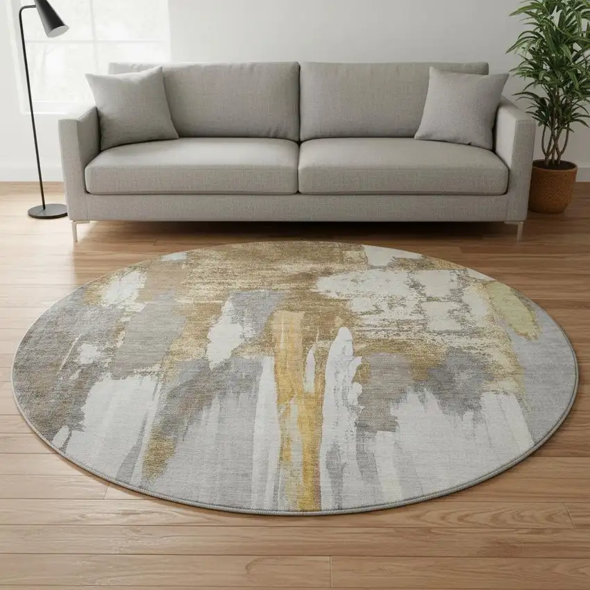 8' Ivory Brown And Gray Abstract Washable Round Rug With UV Protection Photo 2