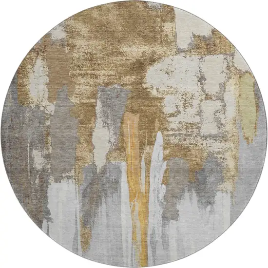 8' Ivory Brown And Gray Abstract Washable Round Rug With UV Protection Photo 1