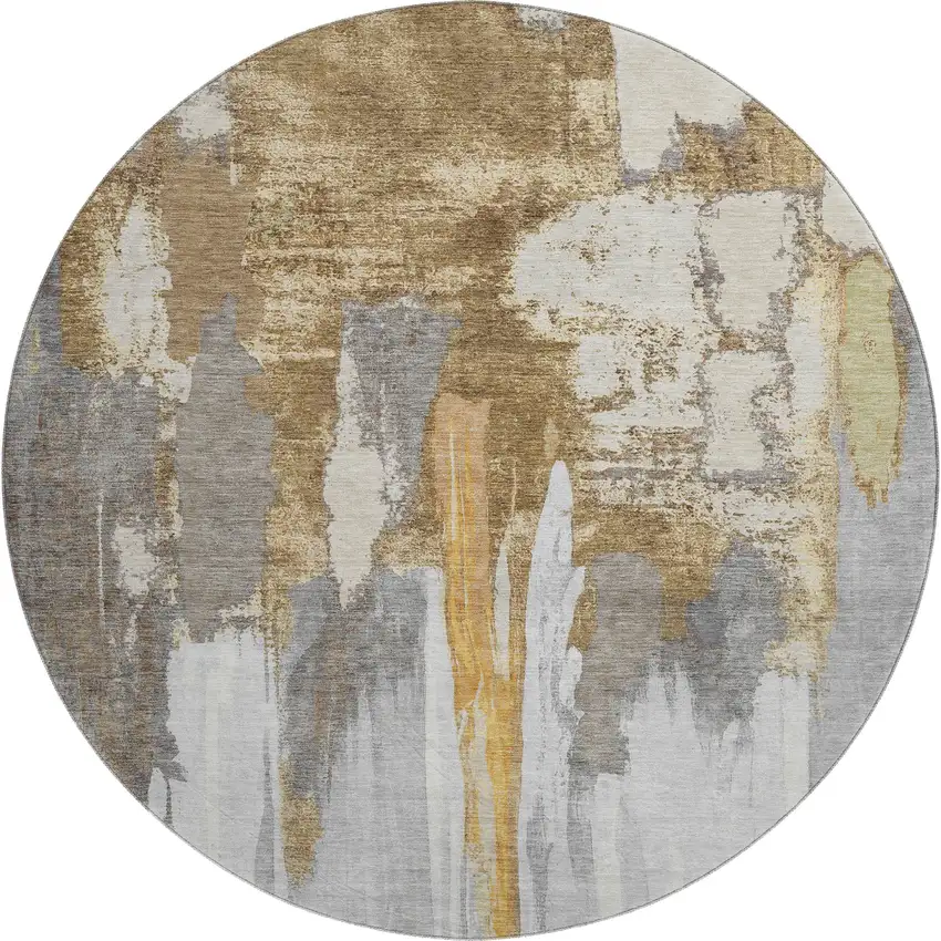 8' Ivory Brown And Gray Abstract Washable Round Rug With UV Protection Photo 1