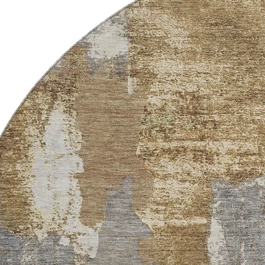 8' Ivory Brown And Gray Abstract Washable Round Rug With UV Protection Photo 3