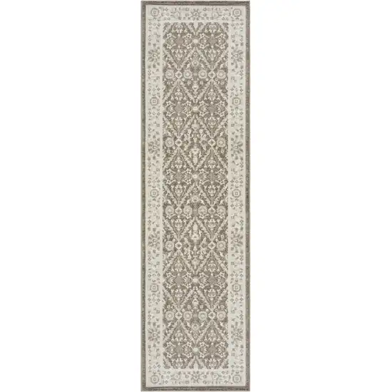 8' Ivory Brown And Gray Floral Distressed Non Skid Runner Rug Photo 9