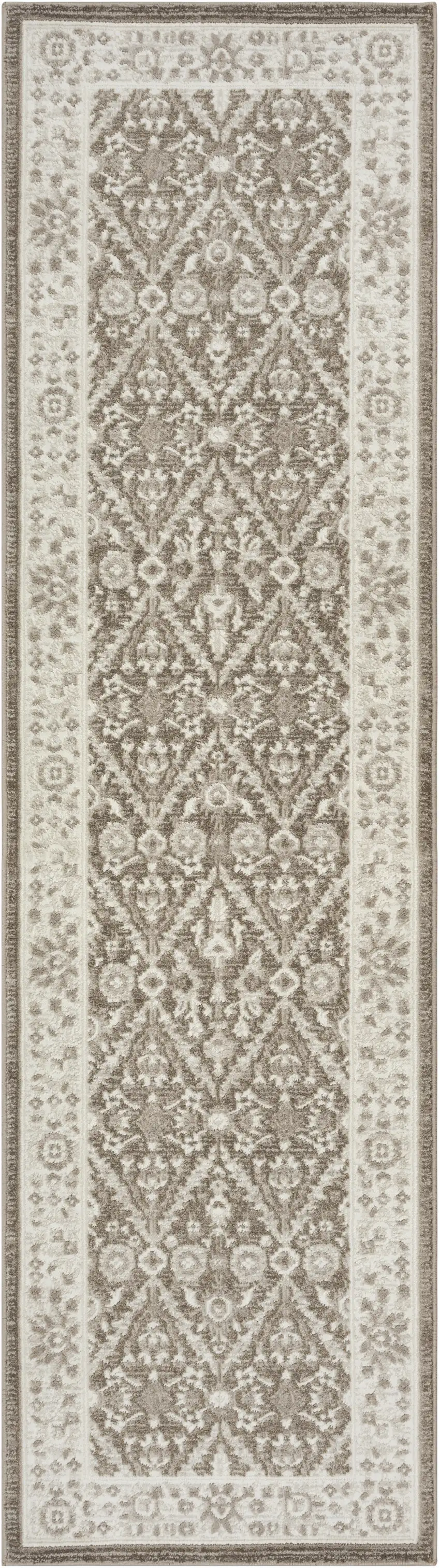 8' Ivory Brown And Gray Floral Distressed Non Skid Runner Rug Photo 9