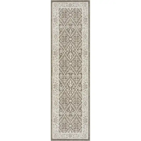 8' Ivory Brown And Gray Floral Distressed Non Skid Runner Rug Photo 2