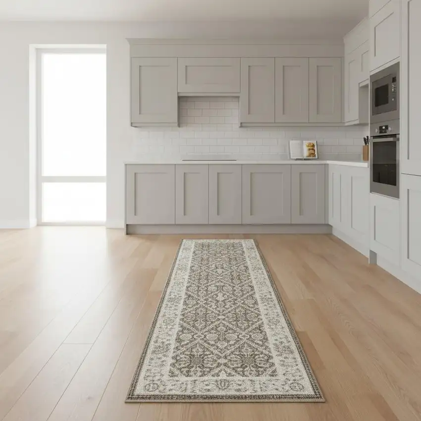 8' Ivory Brown And Gray Floral Distressed Non Skid Runner Rug Photo 1