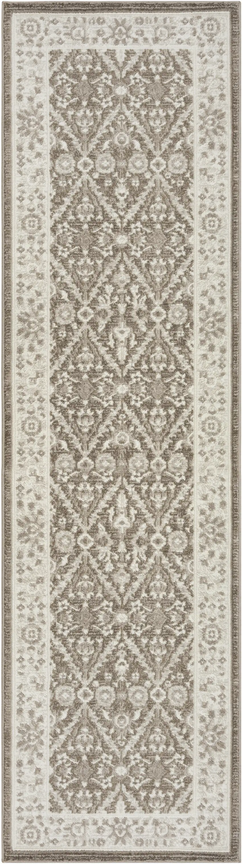 8' Ivory Brown And Gray Floral Distressed Non Skid Runner Rug Photo 5