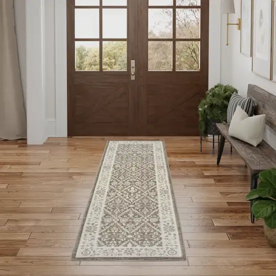 8' Ivory Brown And Gray Floral Distressed Non Skid Runner Rug Photo 4