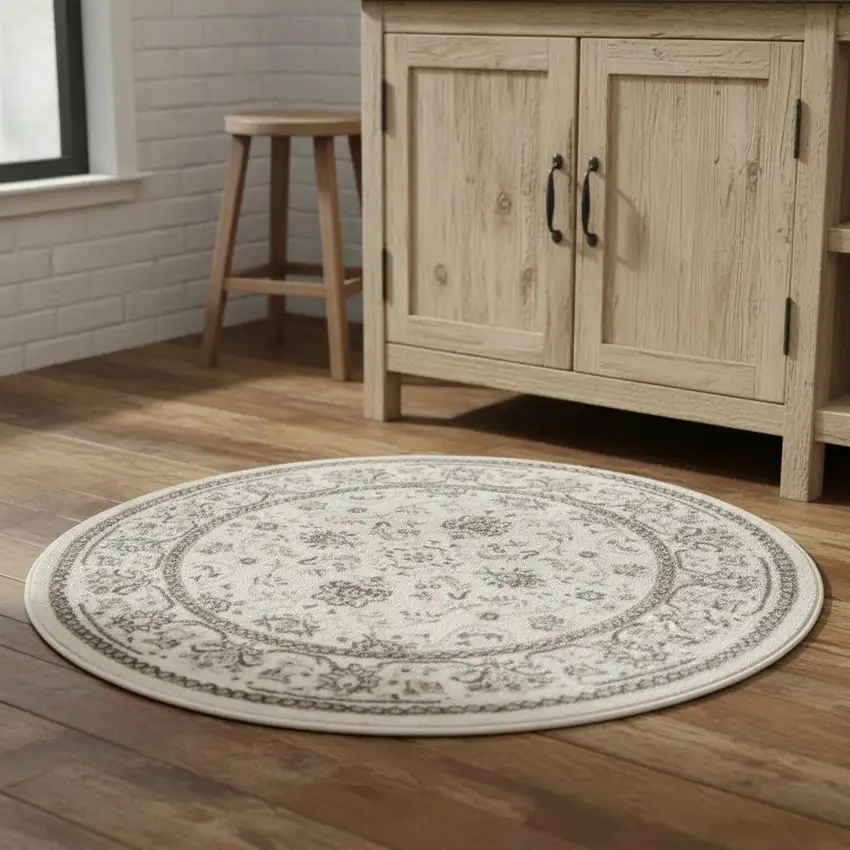 4' Ivory Brown And Gray Floral Distressed Round Rug Photo 1