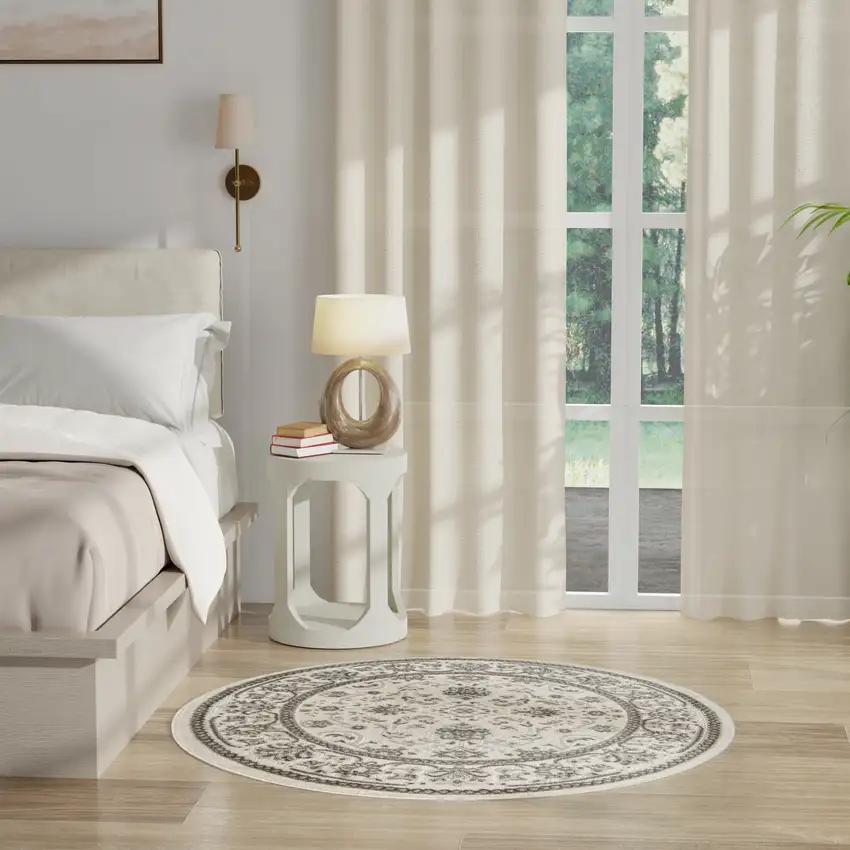 4' Ivory Brown And Gray Floral Distressed Round Rug Photo 6