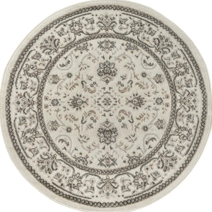 4' Ivory Brown And Gray Floral Distressed Round Rug Photo 2