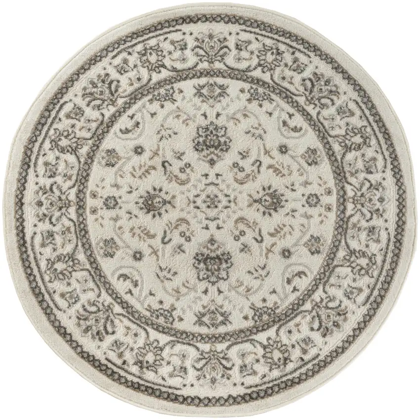 4' Ivory Brown And Gray Floral Distressed Round Rug Photo 3