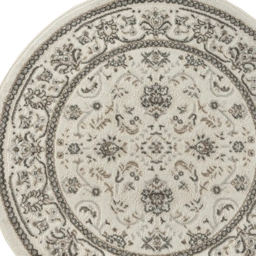 4' Ivory Brown And Gray Floral Distressed Round Rug Photo 7