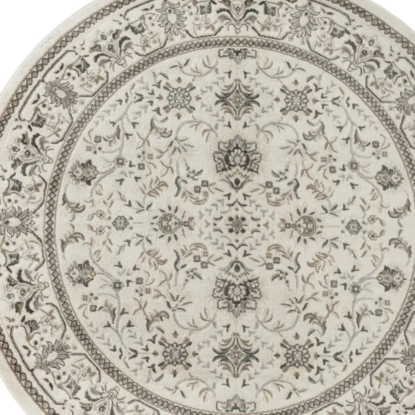 8' Ivory Brown And Gray Floral Distressed Round Rug Photo 7