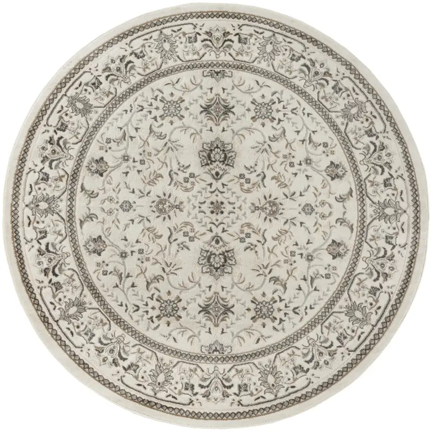 8' Ivory Brown And Gray Floral Distressed Round Rug Photo 4
