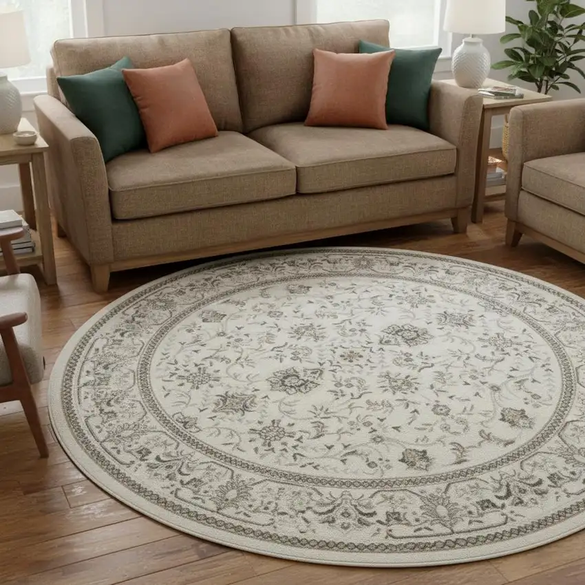 8' Ivory Brown And Gray Floral Distressed Round Rug Photo 1