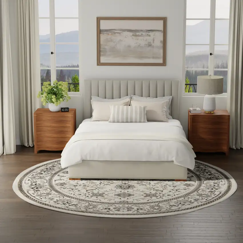 8' Ivory Brown And Gray Floral Distressed Round Rug Photo 6