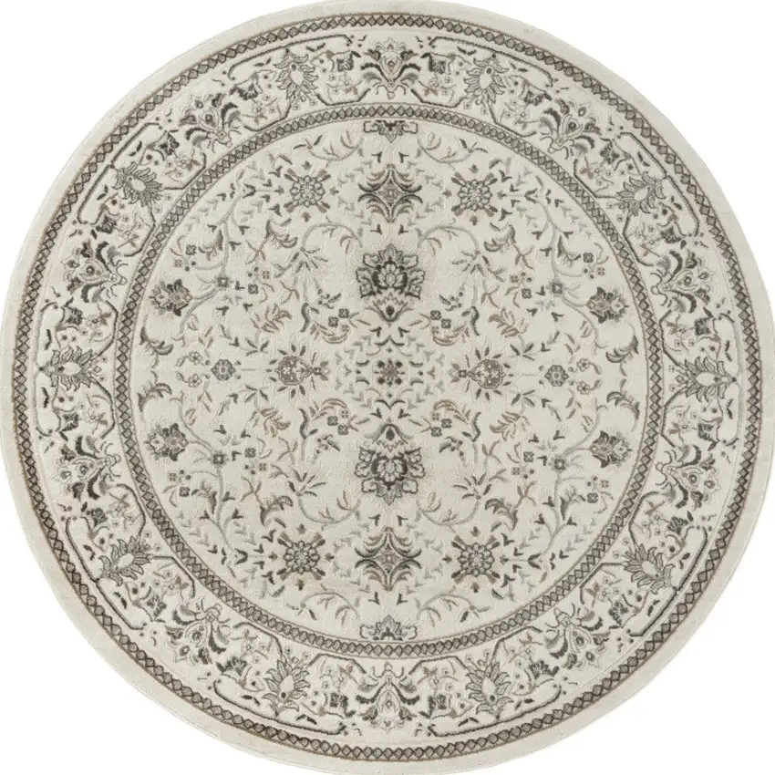8' Ivory Brown And Gray Floral Distressed Round Rug Photo 2