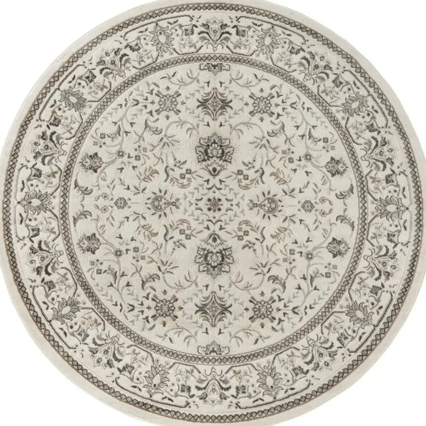 8' Ivory Brown And Gray Floral Distressed Round Rug Photo 3