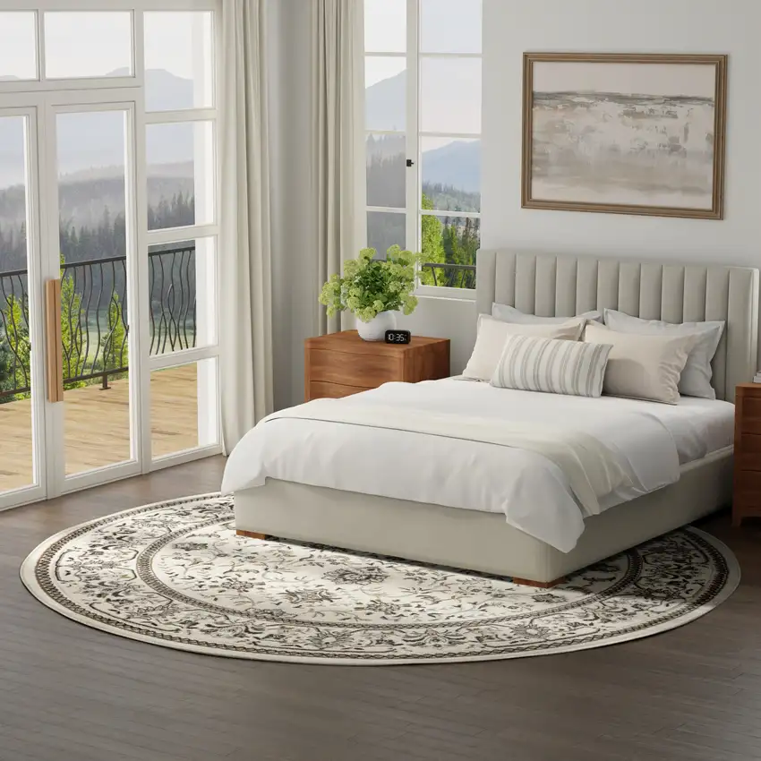 8' Ivory Brown And Gray Floral Distressed Round Rug Photo 5