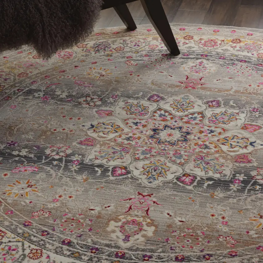 6' Ivory Brown And Gray Floral Distressed Round Rug Photo 5