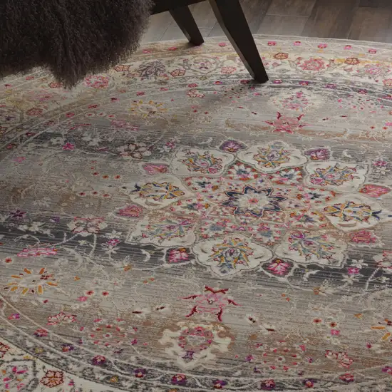 6' Ivory Brown And Gray Floral Distressed Round Rug Photo 5