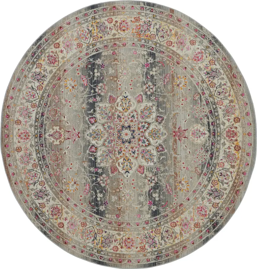 6' Ivory Brown And Gray Floral Distressed Round Rug Photo 2