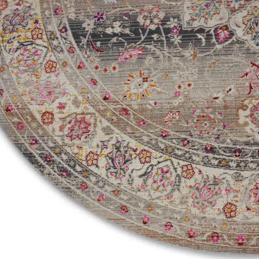 6' Ivory Brown And Gray Floral Distressed Round Rug Photo 7