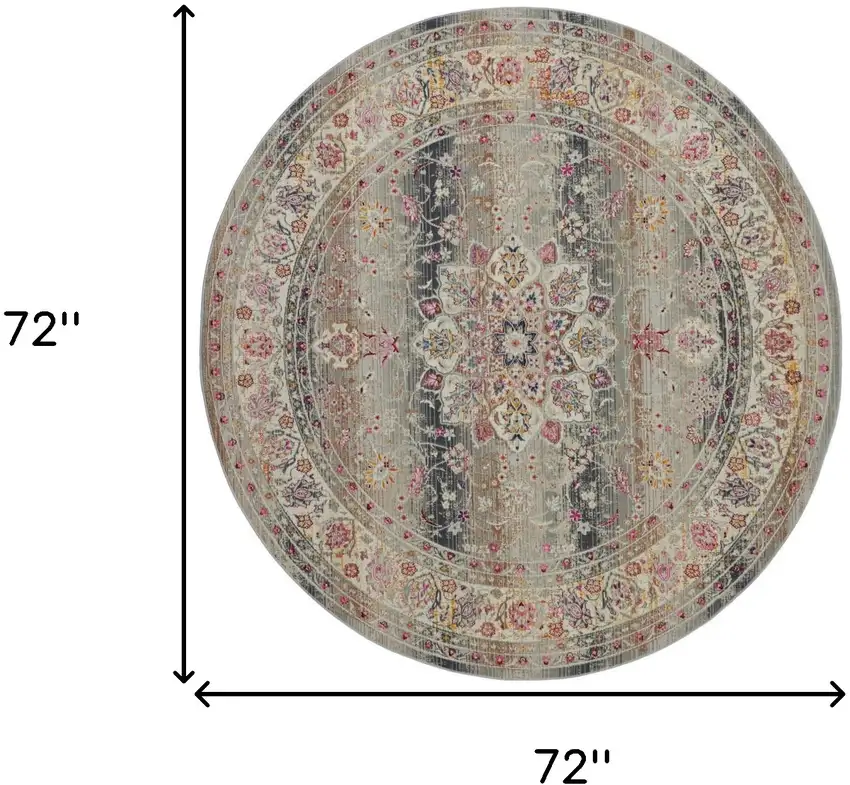 6' Ivory Brown And Gray Floral Distressed Round Rug Photo 3