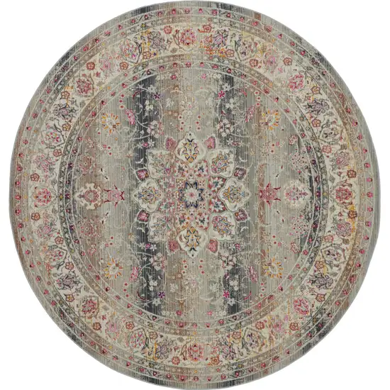 6' Ivory Brown And Gray Floral Distressed Round Rug Photo 1