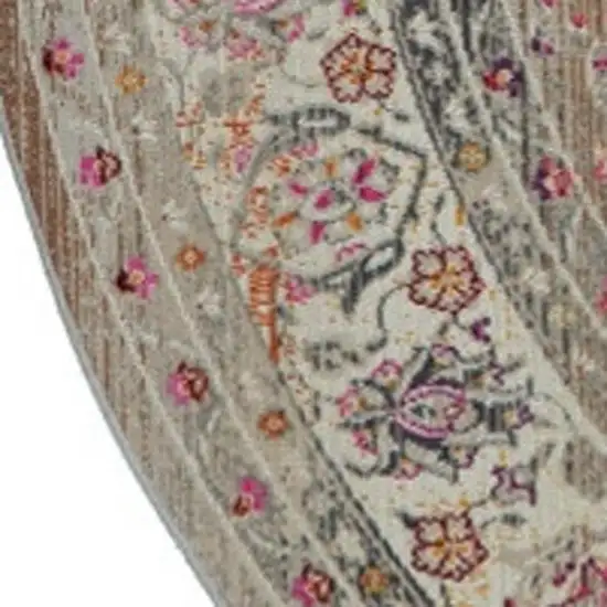 6' Ivory Brown And Gray Floral Distressed Round Rug Photo 8