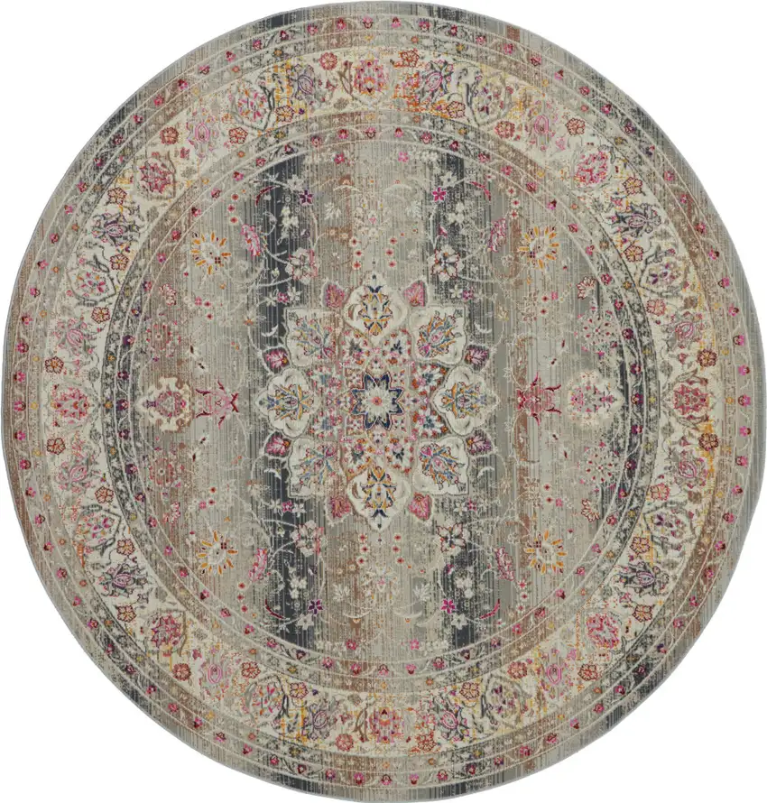 4' Ivory Brown And Gray Floral Distressed Round Rug Photo 1