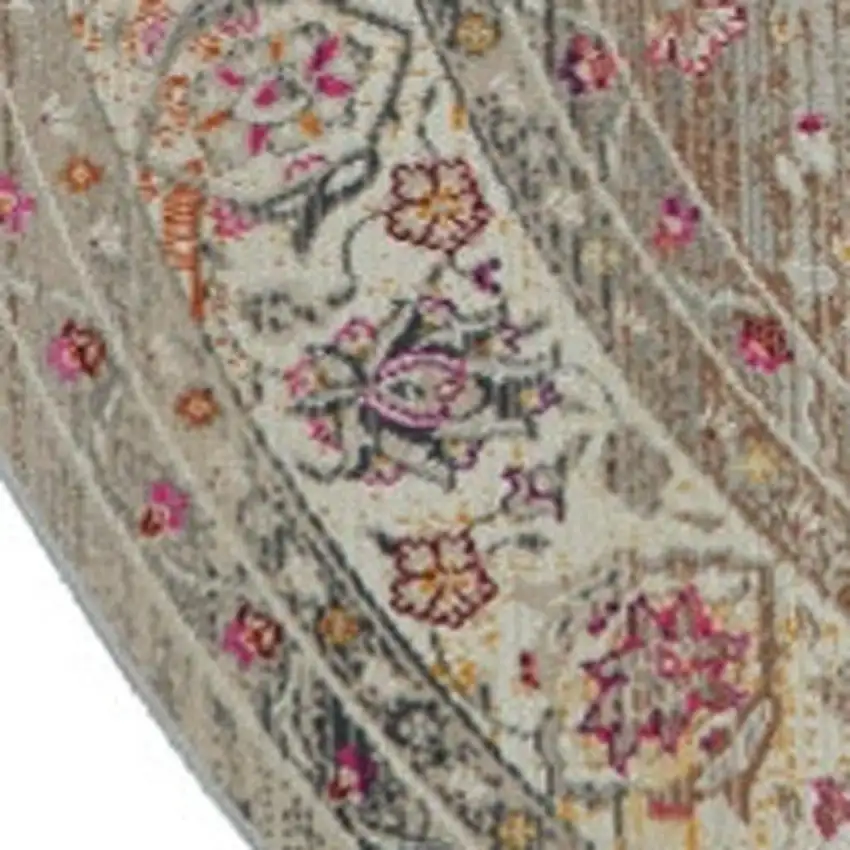 4' Ivory Brown And Gray Floral Distressed Round Rug Photo 4