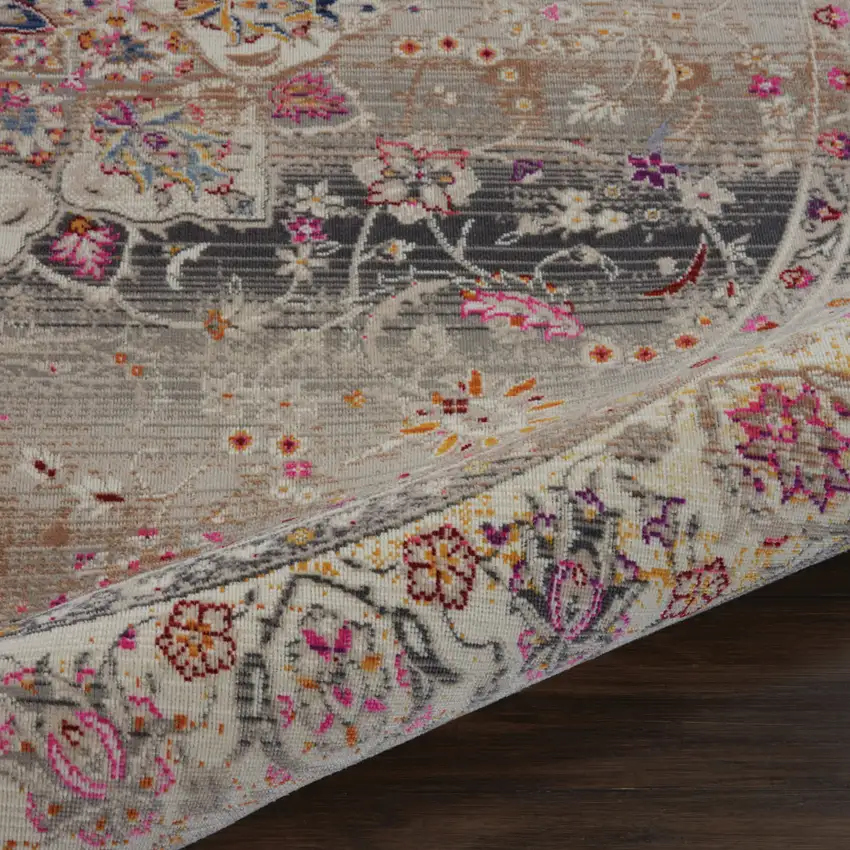 4' Ivory Brown And Gray Floral Distressed Round Rug Photo 9